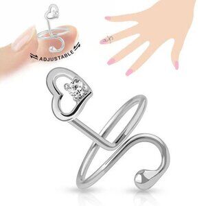 ADJUSTABLE RHODIUM PLATED BRASS PAVED GEM HEART NAIL-RING